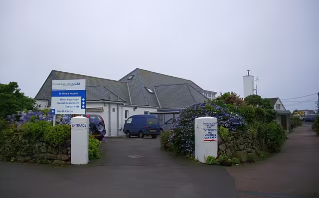St Mary's Community Hospital - Minor Injuries Unit entrance and building exterior. Located in Isles of Scilly.